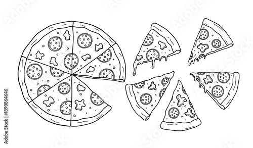 Outline pizza slices and whole pizza vector doodle style food illustration