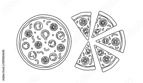 Minimal pizza doodle outline vector with whole pizza and slice elements