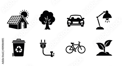 Set of eco friendly icons representing renewable energy recycling and green living sustainable lifestyle elements for conservation and environmental protection on white background