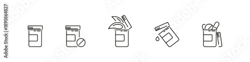 Set of five pharmaceutical bottles icons, illustrating different packaging and dispensing methods for medicines, pills, and supplements, symbol of healthcare and treatment products