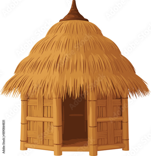Traditional straw hut illustration with thatched roof, bamboo walls, rural village house design isolated on white background