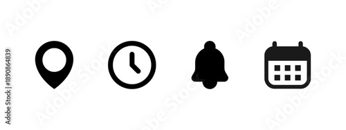 Set of four black icons: map pin, clock, bell, and calendar representing location, time, notification, and schedule for planning