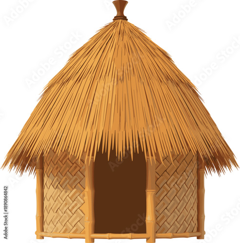 Traditional straw hut illustration with thatched roof, bamboo walls, rural village house design isolated on white background