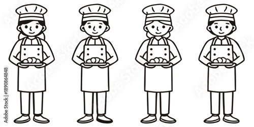Vector flat illustration set of line art female and male bakery staffs in uniform poses