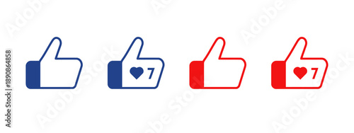 Set of four hand thumb up icons in blue and red with hearts and numbers indicating likes count for social media notifications