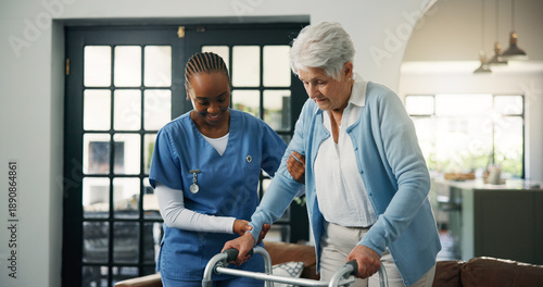 Fotografija Help, nurse and old woman with walker in home for physiotherapy or assisted living for healthcare