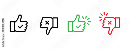 Set of four thumbs up and thumbs down icons with check marks and crosses for approval and rejection on white background, line art and colored versions included