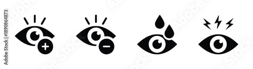 Set of four stylized eye icons depicting vision-related concepts like zooming in, zooming out, eye drops, and eye strain with lightning symbols.