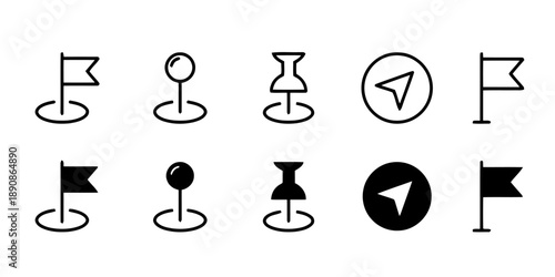Set of location pin and map marker icons in various styles, ideal for navigation apps, travel websites, and outdoor activity graphics.