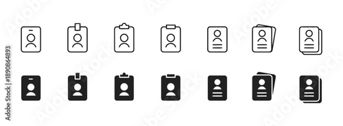 Set of ID card and badge icons in outline and solid styles, showing single and stacked cards with user profiles, available in black and white for identification or access control in digital systems