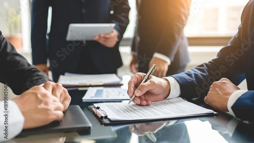 A businessman's hand signing an important official contract during a formal meeting with colleagues in the office.