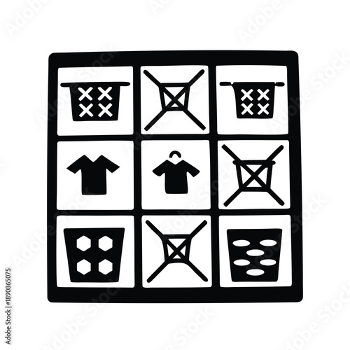Laundry Care Instruction Symbols Black and White Vector Icons for Clothes
