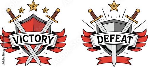 Victory and defeat emblem set with crossed swords, shields, stars, red banners, medieval game achievement icons illustration
