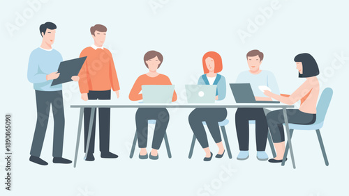 Diverse team collaborating in modern office setting with laptops and discussion