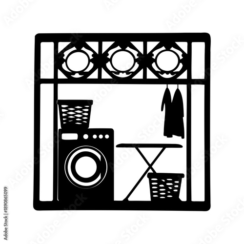 Laundry room silhouette showcasing washing machine, ironing board, clothes, and basket