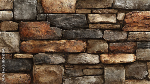 A detailed view of a sturdy stone wall with various textures and colors
