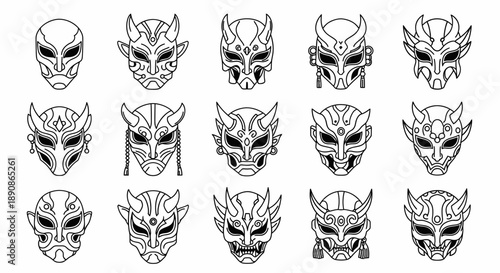 Collection of traditional japanese oni masks in various designs and patterns showcasing cultural heritage and symbolic significance in black and white illustrations.
