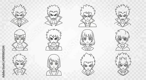 Collection of twelve different anime character faces in black line art on a transparent checkered background showcasing various emotions and styles in a unique illustration
