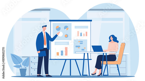 Businessman presenting data on whiteboard to colleague in modern office setting with laptop