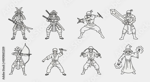Collection of japanese warriors and ninja characters in various fighting poses and attire showcasing traditional armor and weapons in a simple line art style