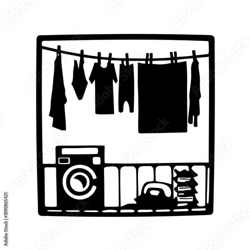 Illustration of washing machine, clothes line, iron, and stacked clothes