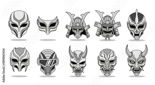 Collection of silver metallic masks with various designs and features isolated on a white background for cosplay and costume accessories.