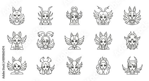 Collection of fifteen distinct black and white anime style female character head illustrations showcasing various hairstyles and accessories on a clean white background.
