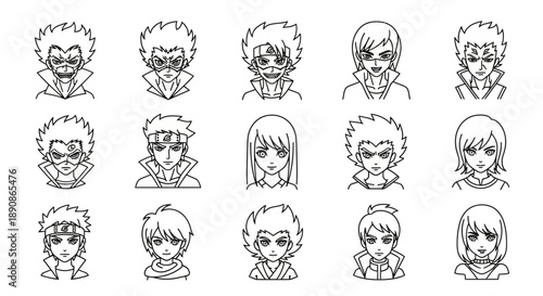 Collection of diverse anime characters in various emotional states and outfits suitable for multiple storylines and character designs.