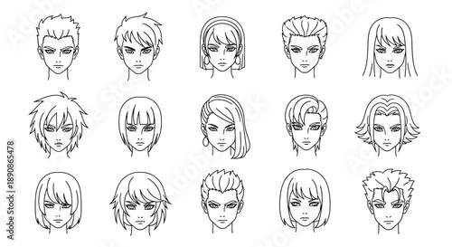 Collection of diverse anime style character illustrations showcasing various hairstyles and facial expressions on a clean white background for graphic design use.