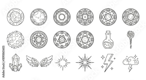 Collection of magical symbols, talismans, and mystical elements for fantasy designs and spiritual concepts