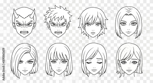 Diverse anime style facial expressions showcasing various emotions and character designs for manga and comic artists