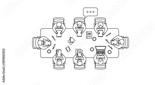 Top-down view of a business meeting with people sitting around a table with laptops and papers, discussing ideas.