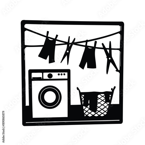 Stylized Laundry Room Illustration with Washing Machine, Clothesline and Laundry Basket