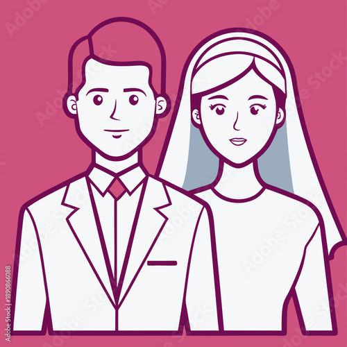 A charming illustration of a happy bride and groom on their wedding day