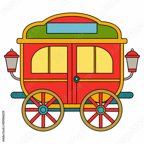 Charming cartoon illustration of a traditional red and green horse-drawn carriage with golden wheels