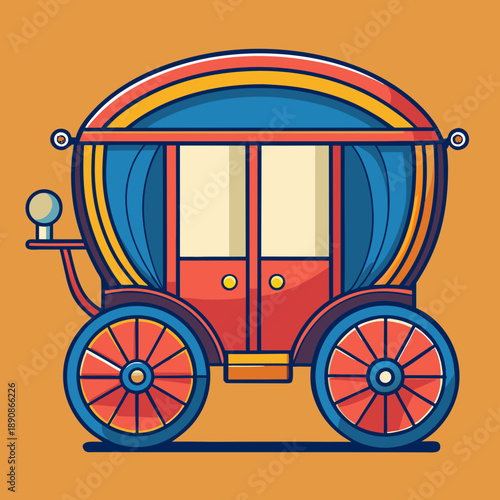A vibrant illustration of a vintage carriage with bright blue, red, and yellow accents on an orange background