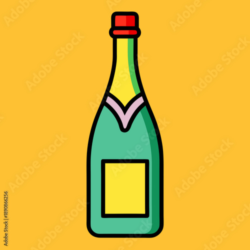 Stylized illustration of a champagne bottle with a red cap and blank label