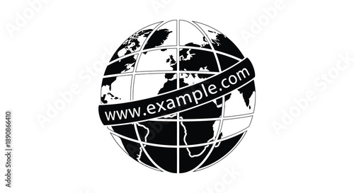 A black and white illustration depicts a globe with gridlines and a banner displaying a website address