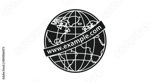 A monochrome illustration depicts a globe with continents and a banner displaying a website address high quality professional