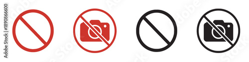 Set of no camera signs, photography forbidden symbol, photo camera crossed out, prohibition signs in red and black, no photo allowed icon