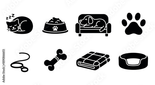 Set of pet care icons for cats and dogs including sleeping cat food bowl dog on sofa paw print leash bone blanket and pet bed on white background