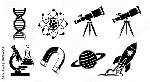 Set of scientific icons and symbols, featuring DNA, atom model, telescopes, microscope, magnet, planet, and rocket, representing fields of biology, physics, astronomy, and exploration