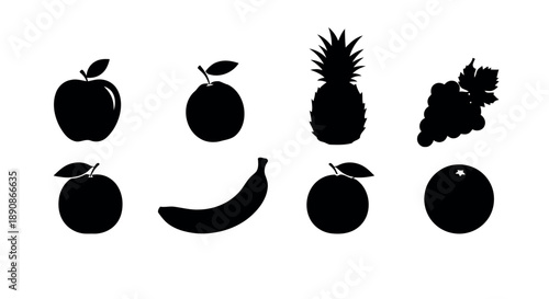 Set of silhouette fruit icons featuring apple, orange, pineapple, grapes, banana, and tangerine for healthy eating and food related design elements collection vector graphic