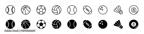 Set of sixteen sports balls and equipment icons, eight outline and eight filled black, including baseball, basketball, soccer, volleyball, tennis, football, bowling, and shuttlecock.