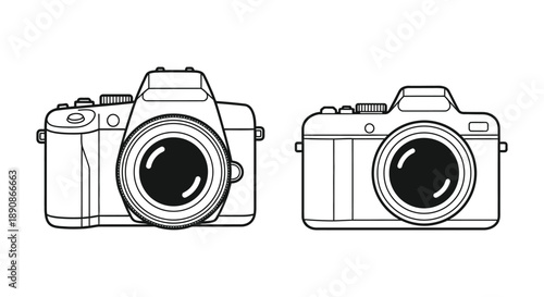 A detailed black and white line drawing showcases two vintage film cameras side by side in a minimalist style
