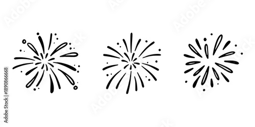 Set of three hand drawn cartoon fireworks explosions, simple doodle style, celebration and party elements, isolated on white background, festive bursts