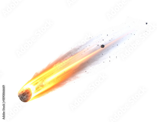 Fiery celestial object blazing through space with trailing smoke