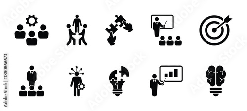 Set of ten business icons representing teamwork, strategy, presentation, goals, leadership, and innovation, diverse flat vector symbols for corporate use, isolated on white