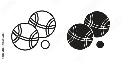 Set of two petanque ball icons, one outline and one filled, representing sport and outdoor recreation equipment for game play