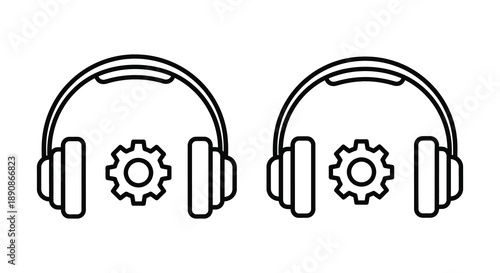 A minimalist line drawing depicts two pairs of headphones with a central gear illustration high quality professional detailed
